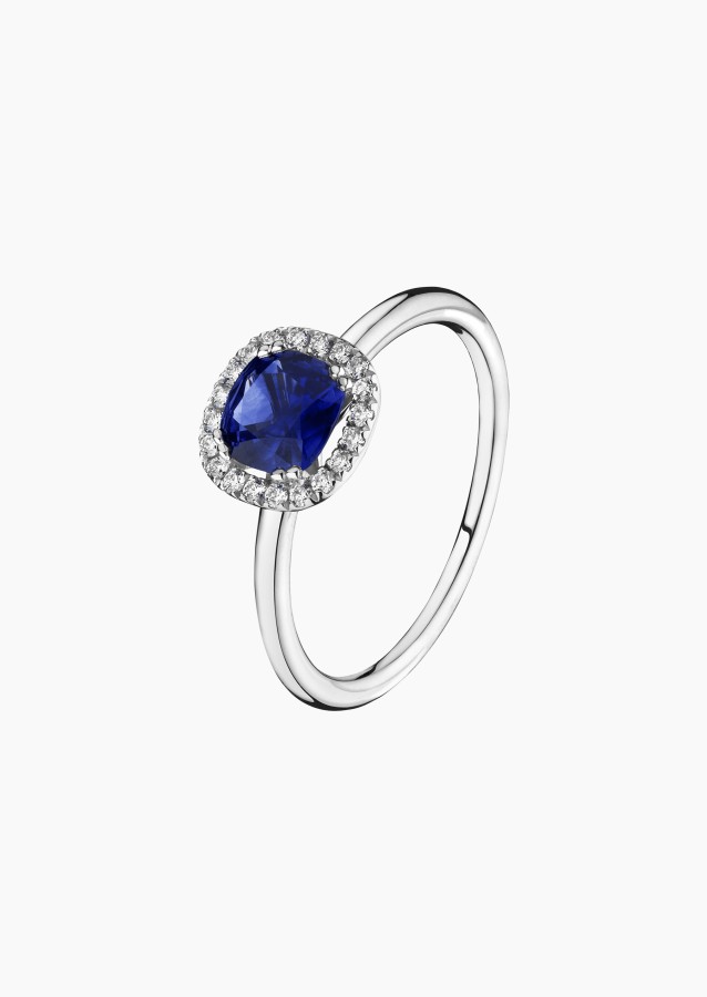
                                                                                    Lily Rose ring in white gold, cushion-cut blue sapphire and diamonds – Maison Lepage, French jeweler and designer since 1922.
                                                                            