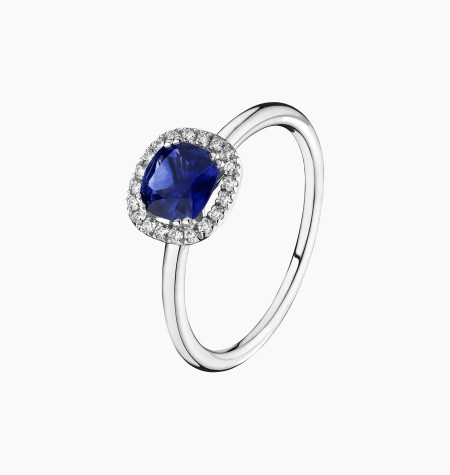 
                                                                                    Lily Rose ring in white gold, cushion-cut blue sapphire and diamonds – Maison Lepage, French jeweler and designer since 1922.
                                                                            