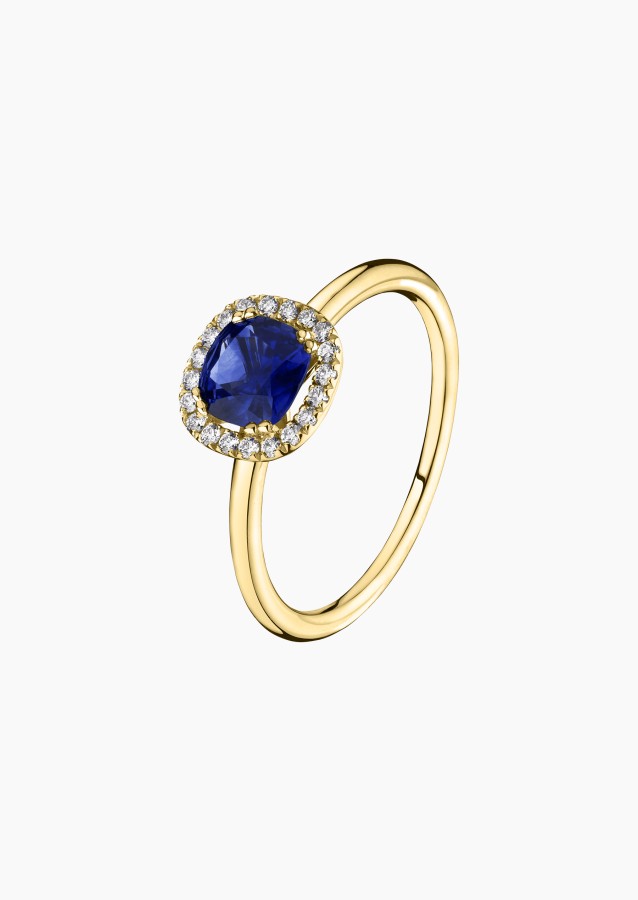 Lily Rose ring in yellow gold, cushion-cut blue sapphire and diamonds – Maison Lepage, French jeweler and designer since 1922.