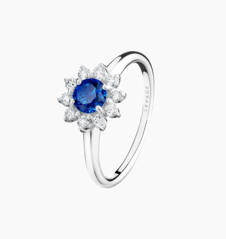 Bague Marguerite en or blanc, saphir bleu et diamants - Maison Lepage joaillier créateur français 1922