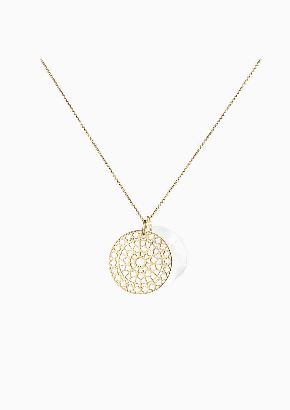 Colette Notre Dame 22 mm pendant in yellow gold with white mother-of-pearl – Maison Lepage, French jeweler and designer since 19