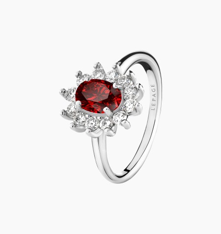 Daisy ring in white gold, oval ruby and diamonds – Maison Lepage, French jeweler and designer since 1922.