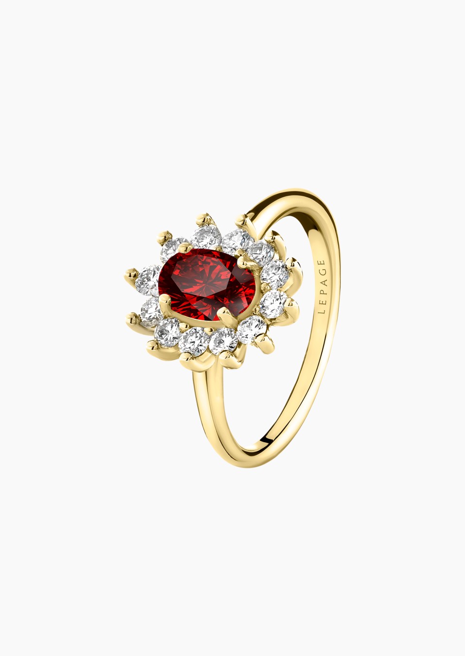 Daisy ring in yellow gold, oval ruby and diamonds – Maison Lepage, French jeweler and designer since 1922.