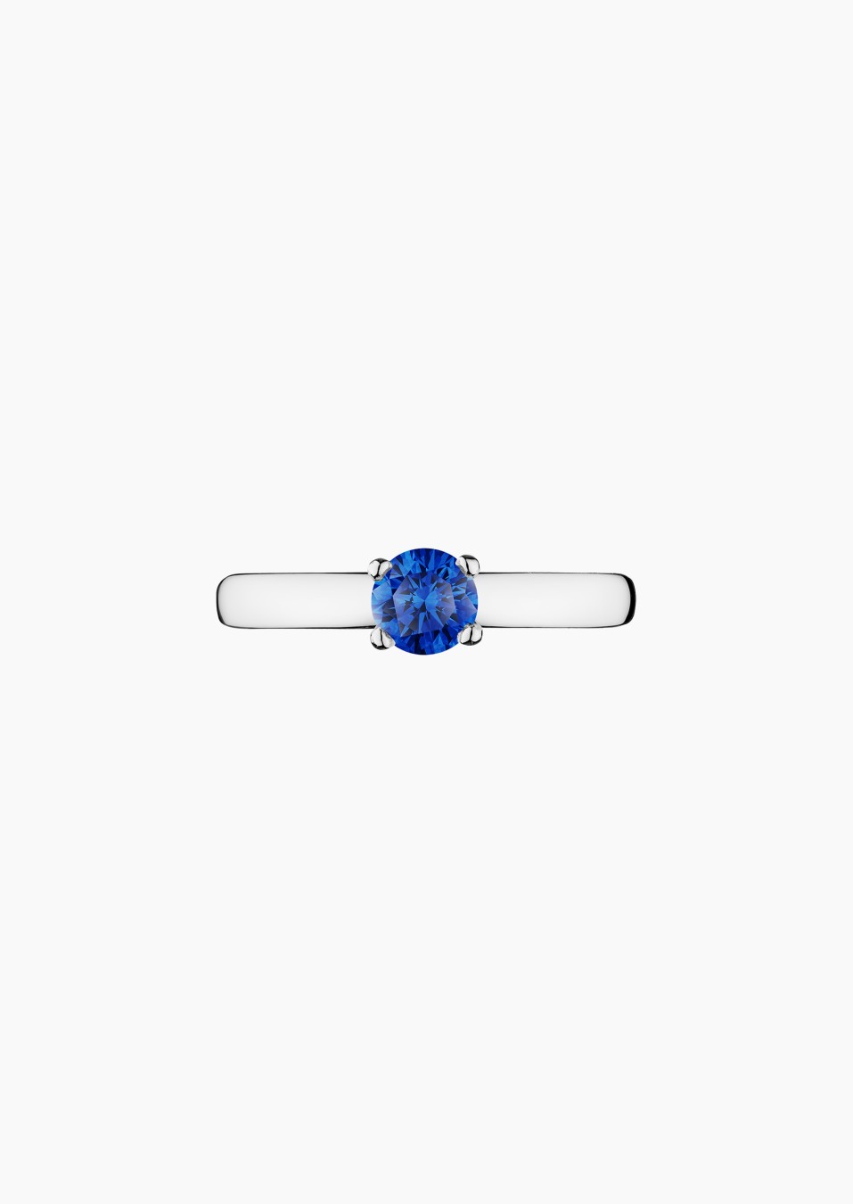 Solitaire Evidence, bague en or blanc 750 et saphir bleu rond - Bijou Maison Lepage joaillier créateur français 1922
