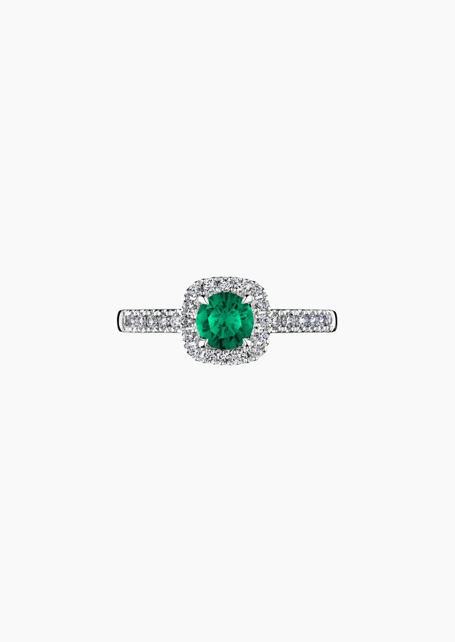 Madame Rose solitaire ring in 18k white gold with emerald and diamonds – Jewel by Maison Lepage, jeweler and designer since 1922