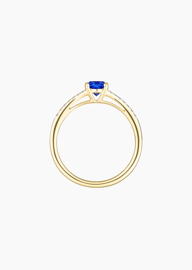 Solitaire Première Dame, bague en or jaune, saphir bleu et diamants - Maison Lepage joaillier créateur français 1922