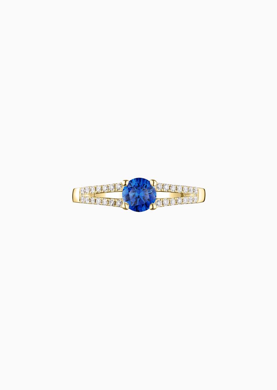 Solitaire Première Dame, bague en or jaune, saphir bleu et diamants - Maison Lepage joaillier créateur français 1922