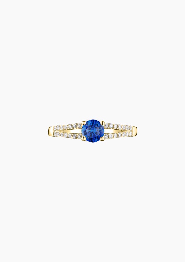 Solitaire Première Dame, bague en or jaune, saphir bleu et diamants - Maison Lepage joaillier créateur français 1922