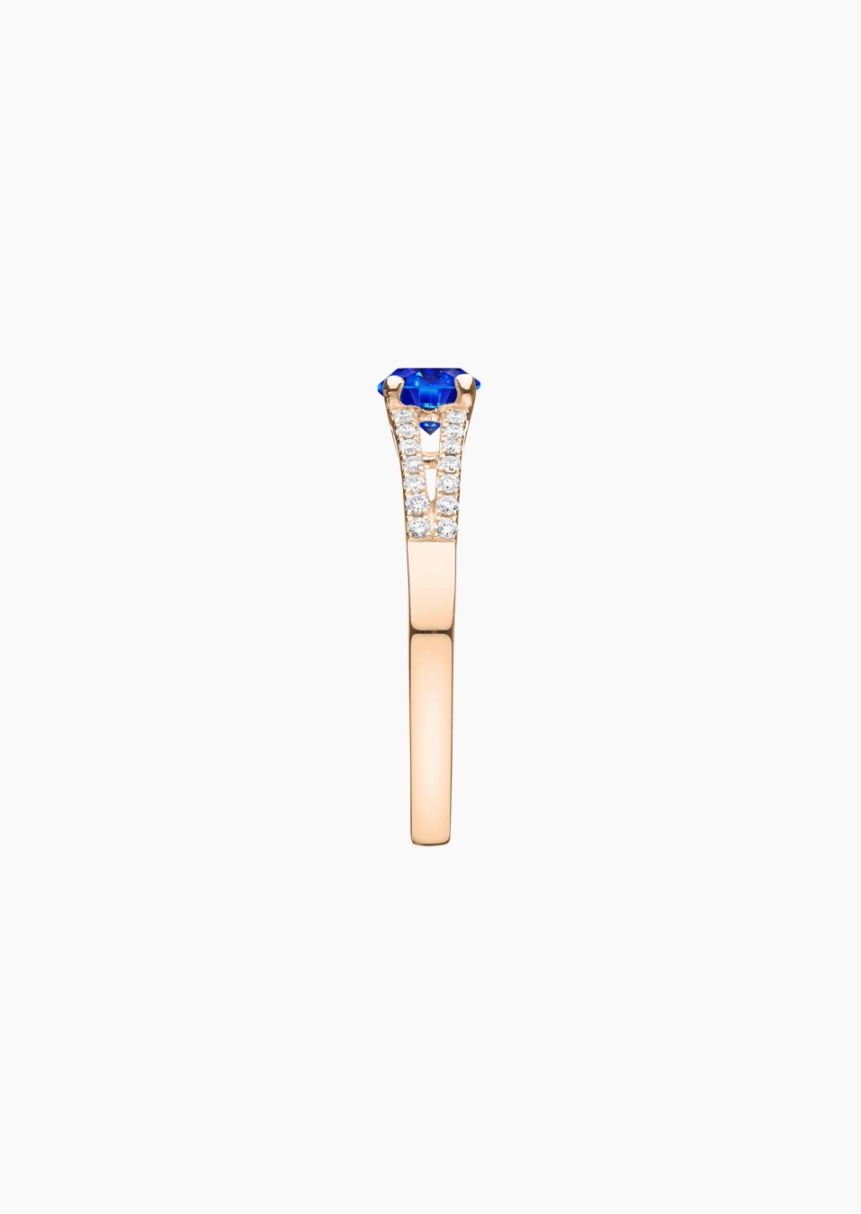 Solitaire Première Dame, bague en or rose, saphir bleu et diamants - Maison Lepage joaillier créateur français 1922