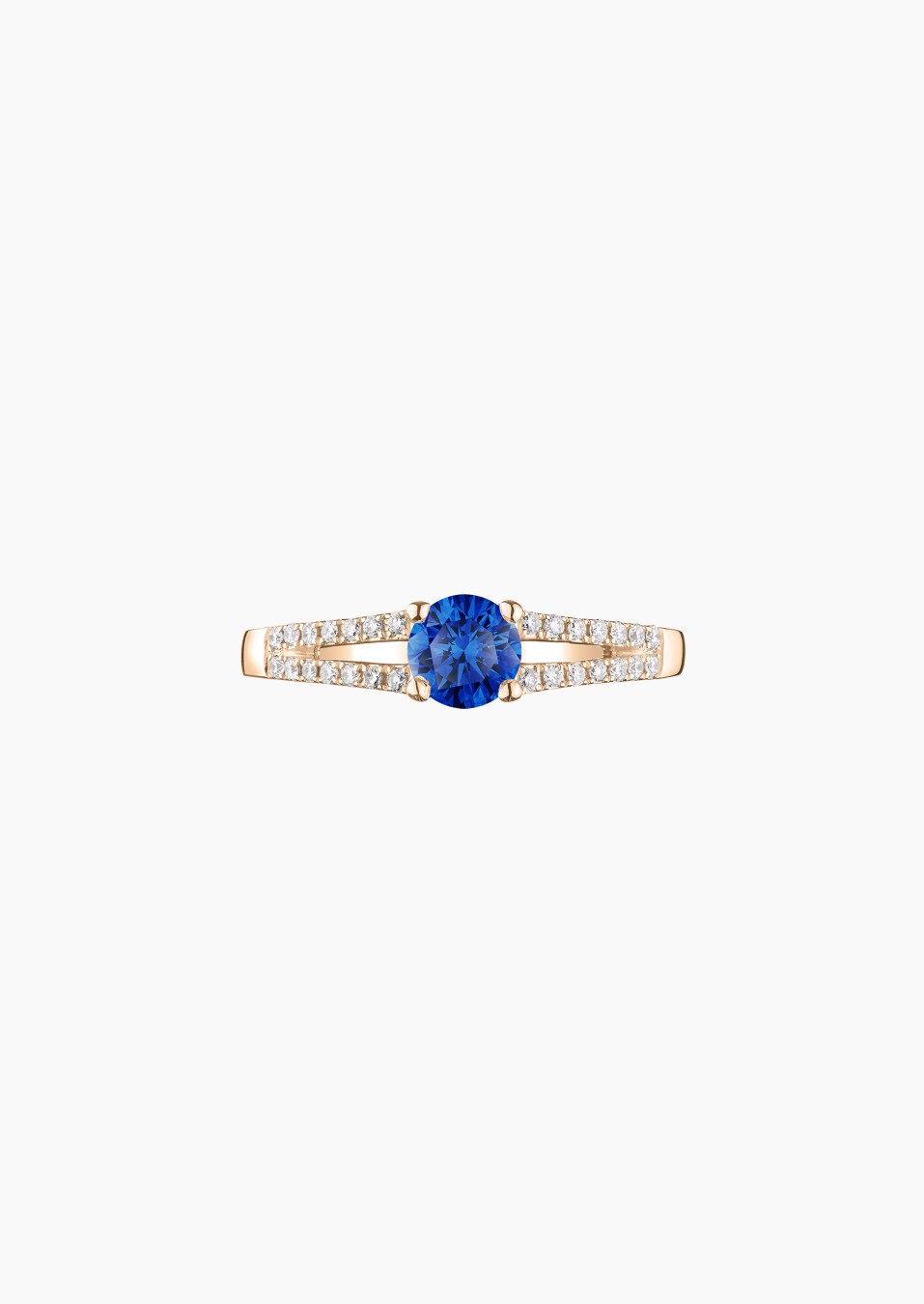 Solitaire Première Dame, bague en or rose, saphir bleu et diamants - Maison Lepage joaillier créateur français 1922