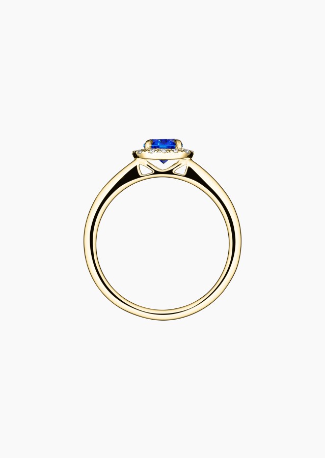 Solitaire Jolie-Rose, bague en or jaune, saphir bleu et diamants - Maison Lepage joaillier créateur français 1922