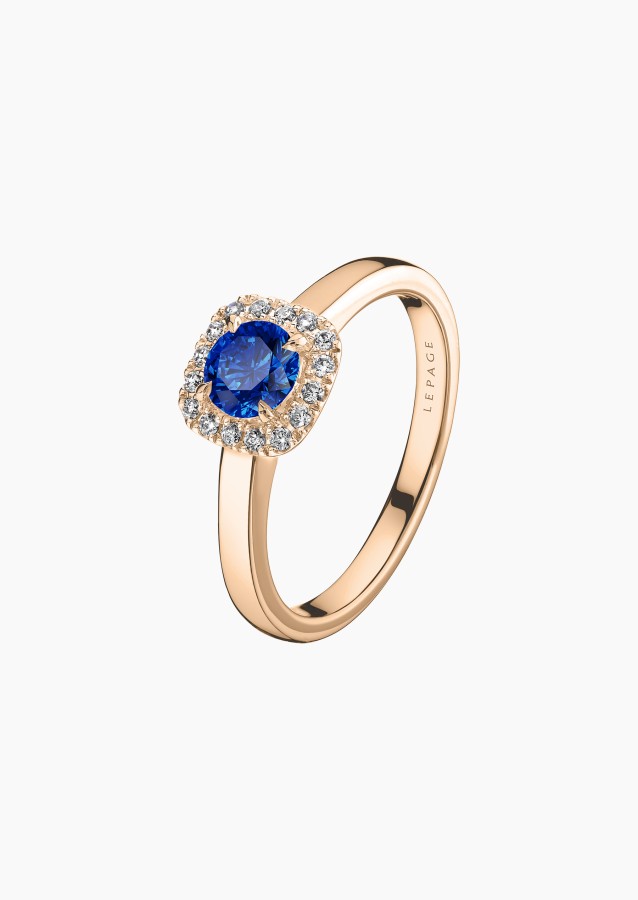Solitaire Jolie-Rose, bague en or rose, saphir bleu et diamants - Maison Lepage joaillier créateur français 1922