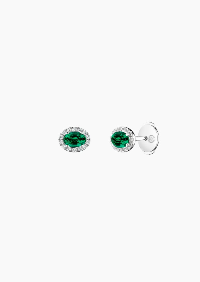 Boucles d'oreilles Eléanor en or blanc, émeraude ovales 5x4 mm et diamants brillants - Maison Lepage joaillier créateur français
