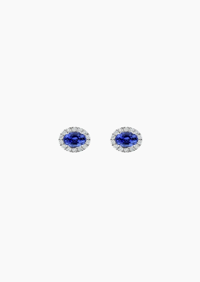 Boucles d'oreilles Eléanor en or blanc, saphirs bleus ovales 5x4 mm et diamants brillants - Maison Lepage joaillier créateur fra