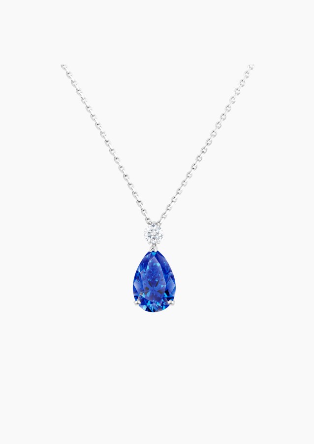 Collier Jacques en or blanc, saphir bleu poire et diamant brillant - Maison Lepage joaillier créateur français 1922