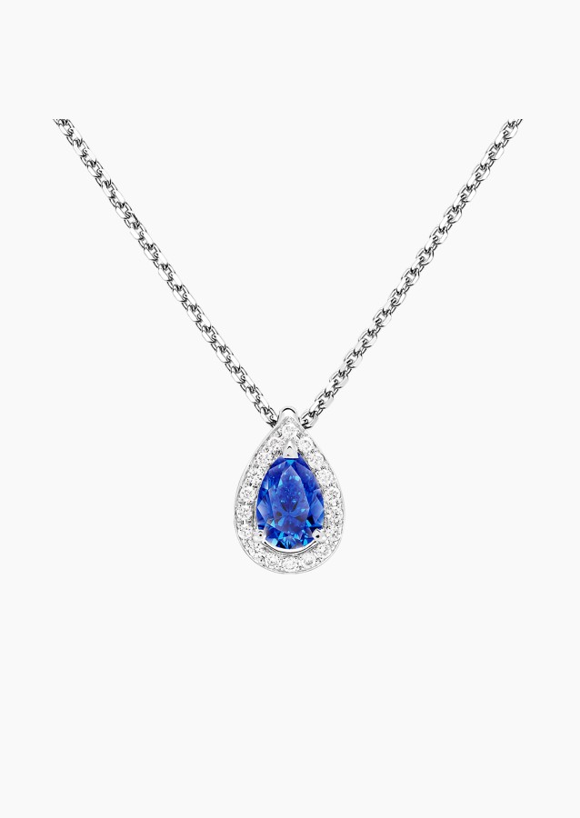 Collier Marceau en or blanc, saphir bleu poire et diamants brillants - Maison Lepage joaillier créateur français 1922