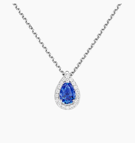 Collier Marceau en or blanc, saphir bleu poire et diamants brillants - Maison Lepage joaillier créateur français 1922