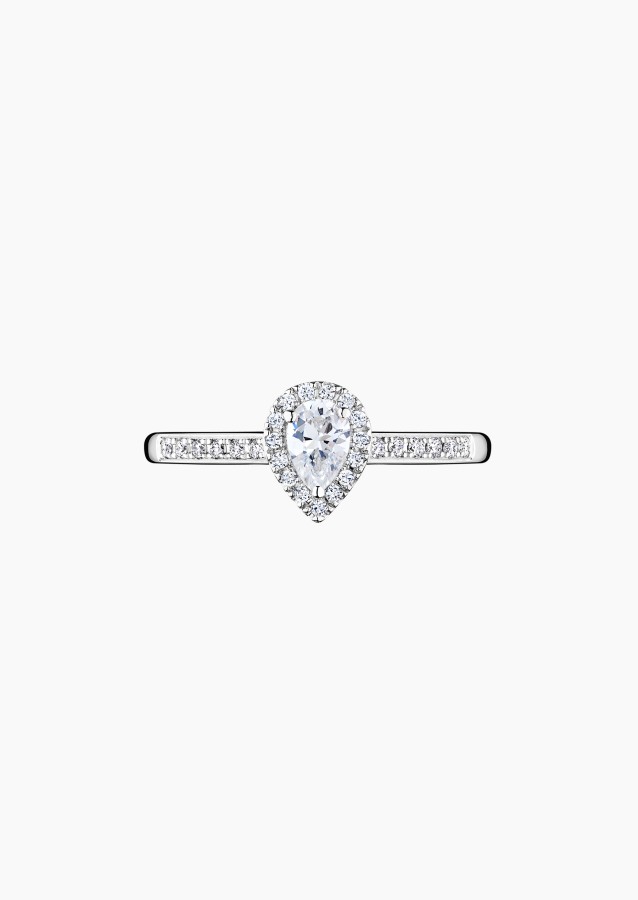 Solitaire Marcel, bague de fiançailles en or blanc 750 et diamant poire et diamants - Maison Lepage joaillier créateur français 