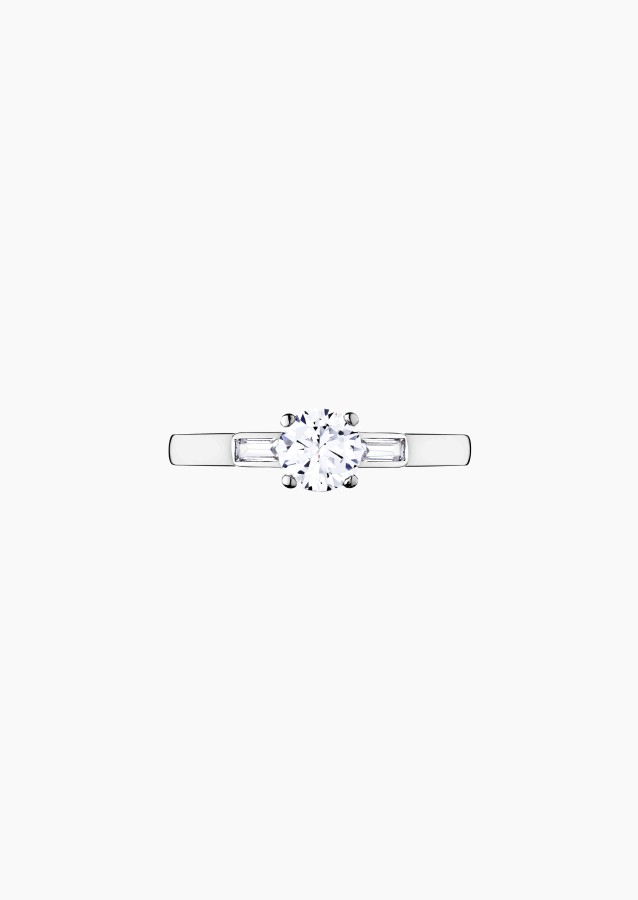 Albert solitaire ring, engagement ring in 18k white gold with brilliant-cut and baguette diamonds – Maison Lepage, French jewele