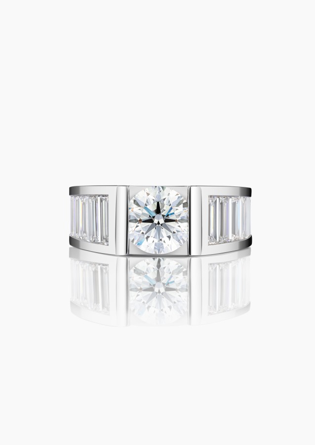 L’Audacieuse ring, exceptional piece in white gold with brilliant-cut diamond and baguette diamonds – Maison Lepage, French jewe