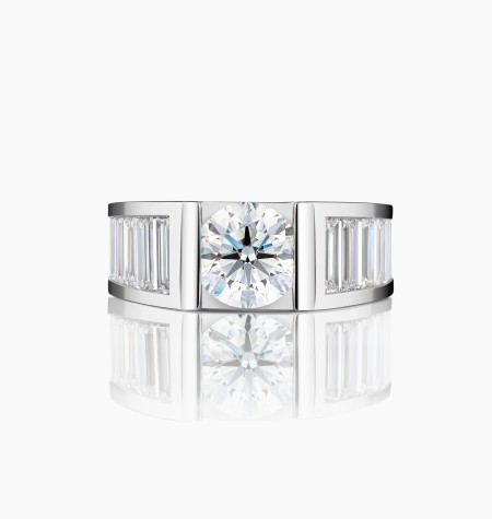 L’Audacieuse ring, exceptional piece in white gold with brilliant-cut diamond and baguette diamonds – Maison Lepage, French jewe