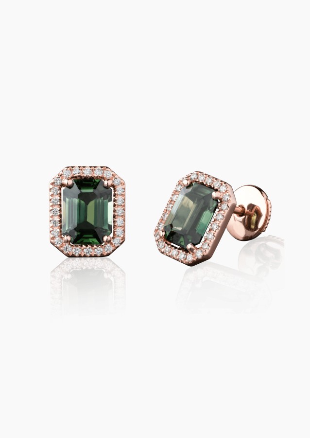 Marie Lou earrings in rose gold with emerald-cut green sapphires and diamonds – Maison Lepage, French jeweler and designer since