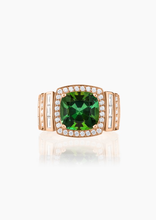 Bague Joséphine, pièce exceptionnelle en or rose, tourmaline verte coussin et diamants - Maison Lepage joaillier créateur frança