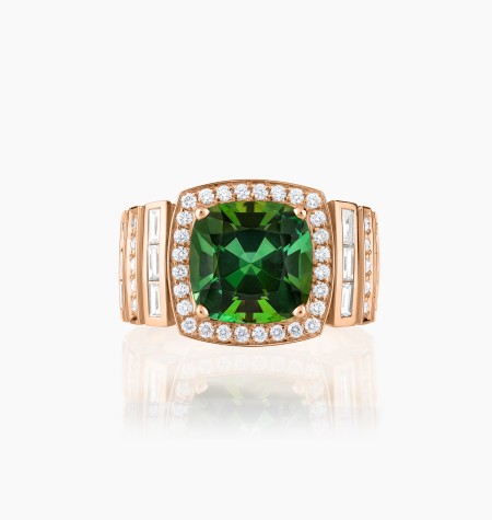 
                                                                                    Joséphine ring, exceptional piece in rose gold with cushion-cut green tourmaline and diamonds – Maison Lepage, French jeweler an
                                                                            