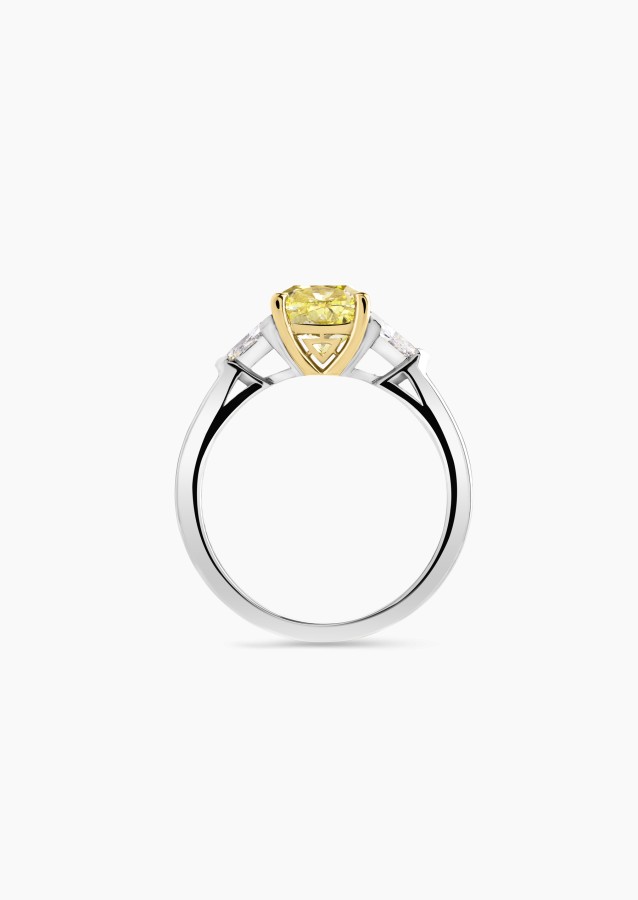Bague Evidence 1922, pièce exceptionnelle en or blanc et jaune, diamant jaune Fancy Vivid Yellow coussin et diamants triangulair