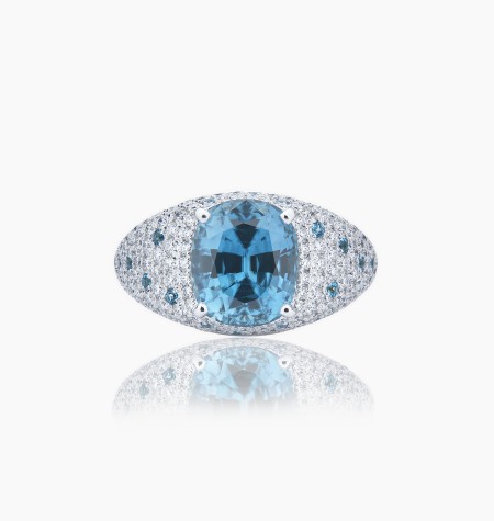 Bague Farah, pièce exceptionnelle en or blanc, zircon bleu ovale et diamants - Maison Lepage joaillier créateur français 1922
