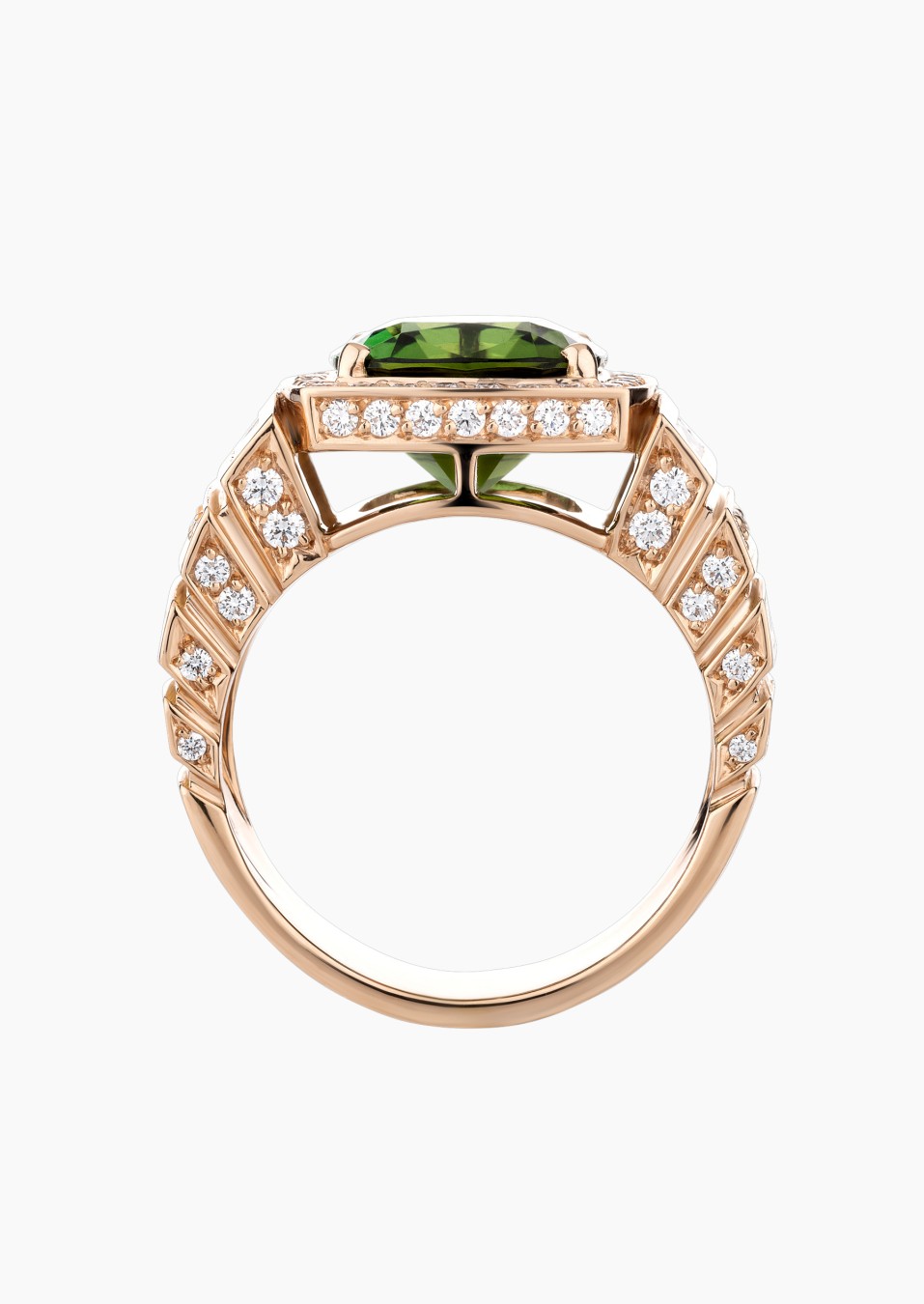 Joséphine ring, exceptional piece in rose gold with cushion-cut green tourmaline and diamonds – Maison Lepage, French jeweler an