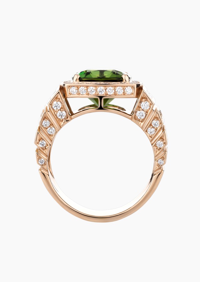 Joséphine ring, exceptional piece in rose gold with cushion-cut green tourmaline and diamonds – Maison Lepage, French jeweler an