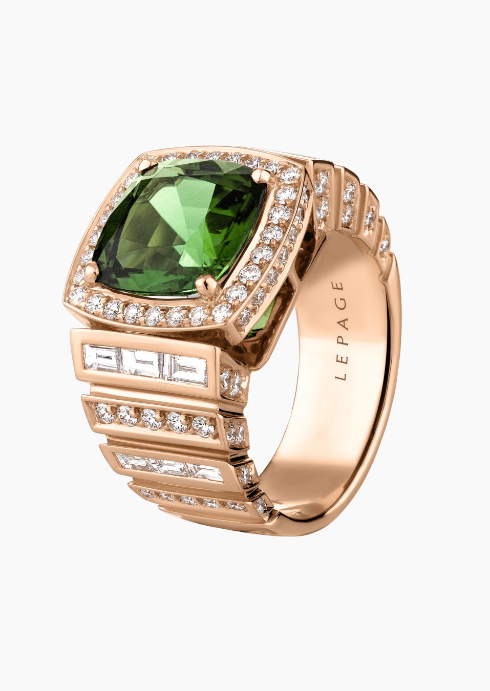 Bague Joséphine, pièce exceptionnelle en or rose, tourmaline verte coussin et diamants - Maison Lepage joaillier créateur frança Bague Joséphine, pièce exceptionnelle en or rose, tourmaline verte coussin et diamants - Maison Lepage joaillier créateur frança