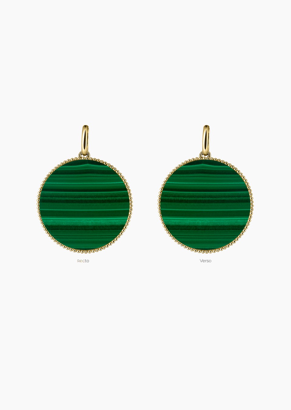 Colette Lune Perlée medal in yellow gold with malachite – Maison Lepage, French jeweler and designer since 1922.