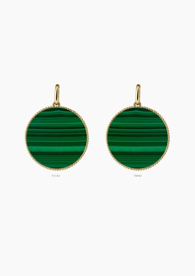 Colette Lune Perlée medal in yellow gold with malachite – Maison Lepage, French jeweler and designer since 1922.