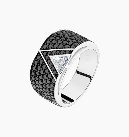 
                                                                                    La Prestigieuse ring in white gold, triangle diamond and black diamonds – Maison Lepage, French jeweler and designer since 1922.
                                                                            