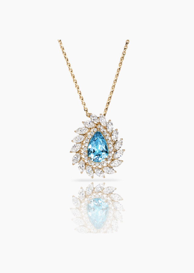 Suzanne necklace in yellow gold with pear-cut santa maria aquamarine and diamonds – Maison Lepage, French jeweler since 1922.