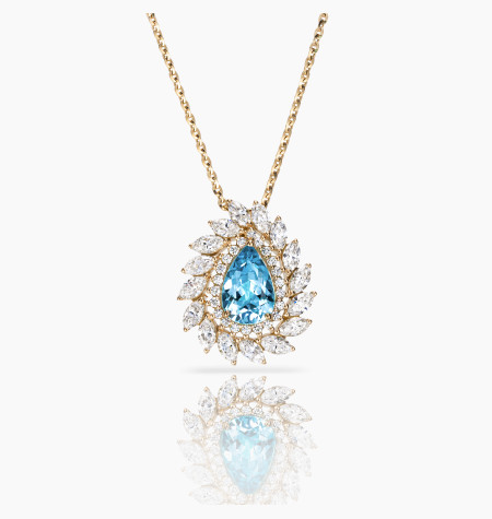 Suzanne necklace in yellow gold with pear-cut santa maria aquamarine and diamonds – Maison Lepage, French jeweler since 1922.