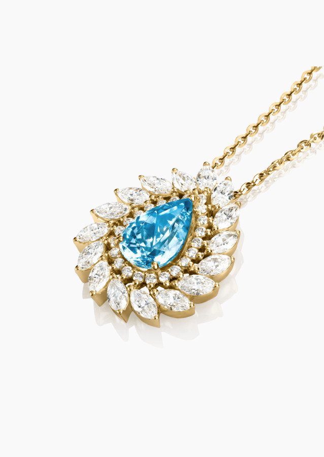 Collier Suzanne en or jaune, aigue-marine poire et diamants - Maison Lepage joaillier créateur français 1922