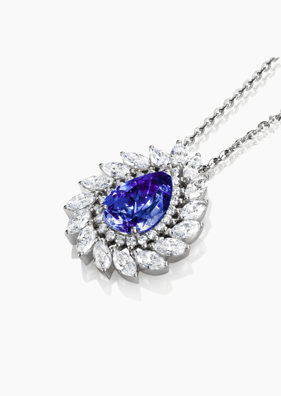 Collier Suzanne en or blanc, tanzanite poire et diamants - Maison Lepage joaillier créateur français 1922