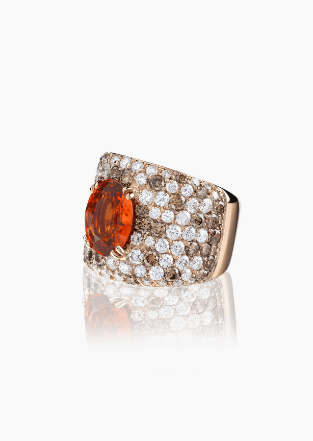 Bague L'Ardente, pièce exceptionnelle en or rose, grenat mandarin et diamants - Maison Lepage joaillier créateur français 1922