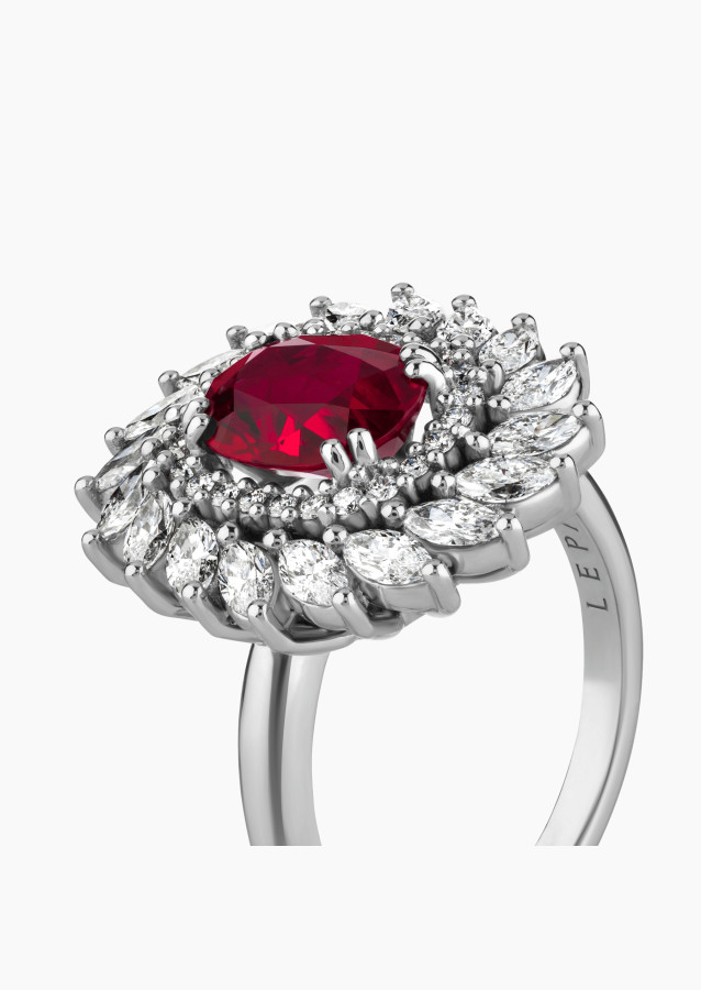 Bague L'Incandescente en or blanc, rubis ovale et diamants - Maison Lepage joaillier créateur français 1922