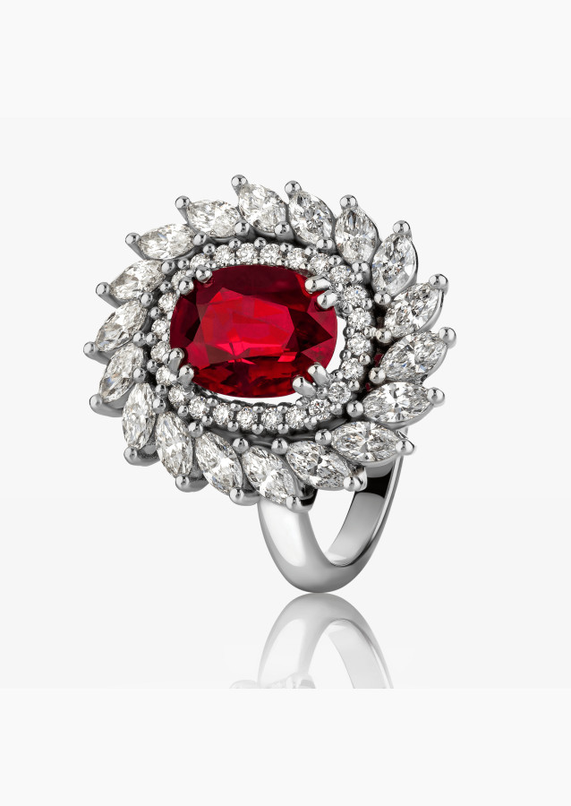 Bague L'Incandescente en or blanc, rubis ovale et diamants - Maison Lepage joaillier créateur français 1922