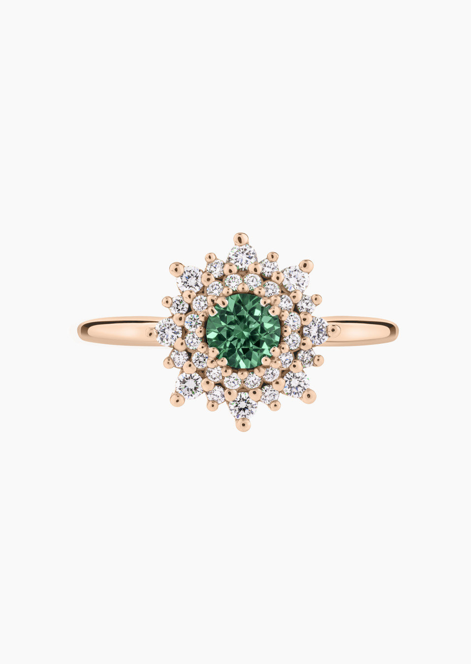 Dentelle ring in rose gold, green sapphire and diamonds