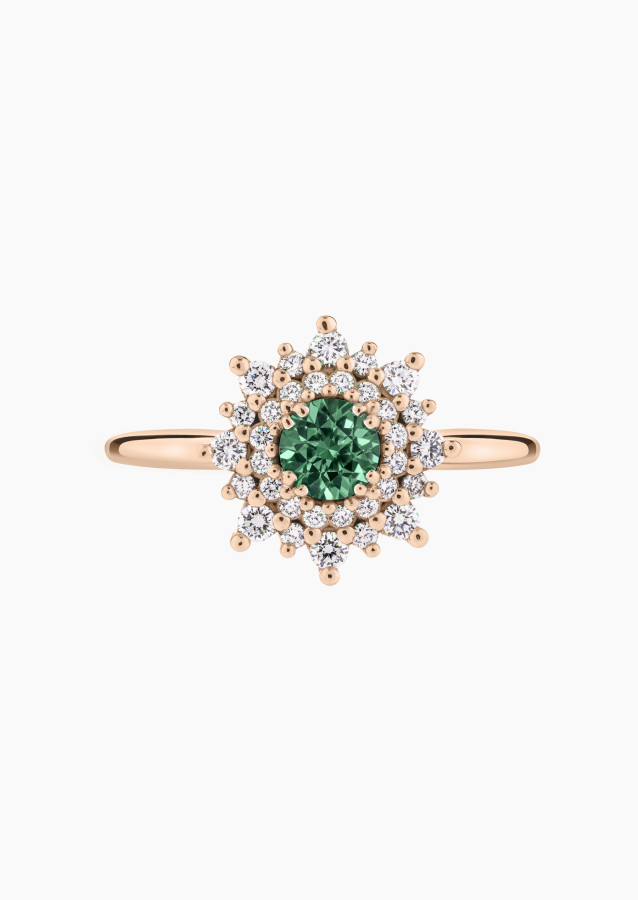 Dentelle ring in rose gold, green sapphire and diamonds