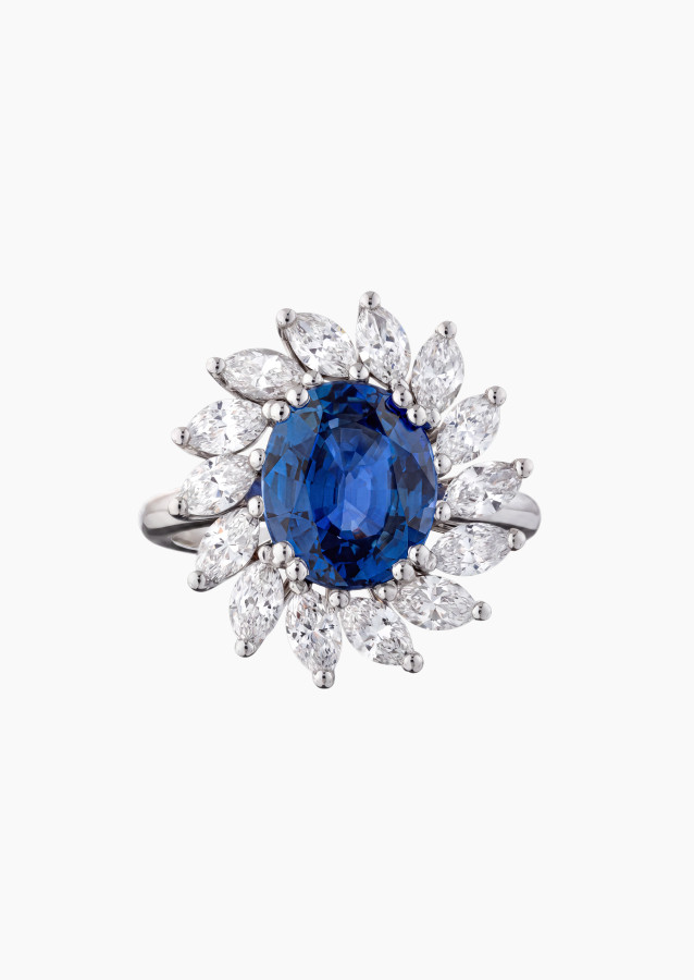Bague saphir bleu ovale diamants navette | Maison Lepage