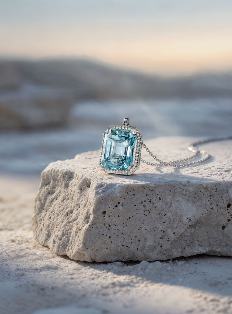 Collier en or blanc, aigue-marine Santa Maria et diamants