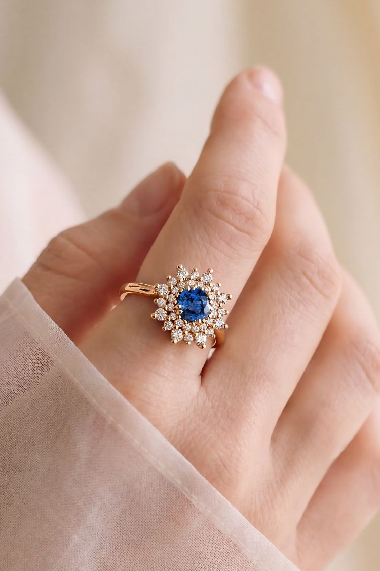 bague dentelle en or jaune et saphir bleu